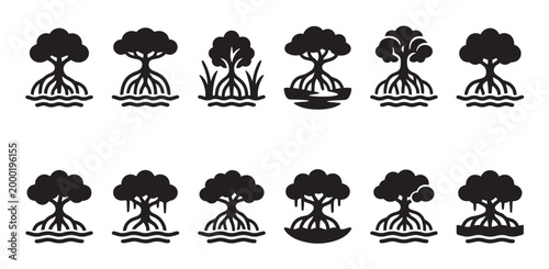 This image displays a collection of black silhouette icons of mangrove trees with their distinctive root systems emerging from water and land.
