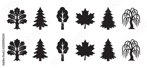 A clean, graphic collection of diverse tree silhouettes, including oak, pine, birch, maple, and weeping willow, all isolated on a white background.