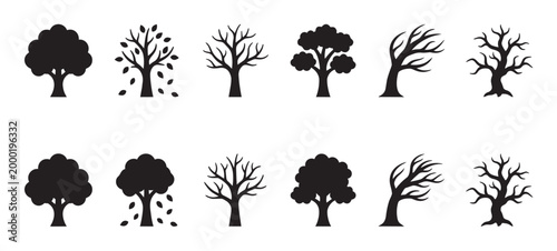 A collection of black silhouette icons representing trees in various states, including full foliage, shedding leaves, bare branches, and wind-swept forms, perfect for illustrating seasonal changes.