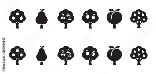 Collection of black and white vector silhouette icons representing different fruit trees like apple, pear, cherry, and plum, suitable for design projects.