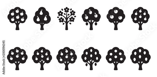 Collection of black silhouette fruit trees, including apple, pear, plum, and flowering trees, isolated on a clean white background, perfect for graphic design and illustration.