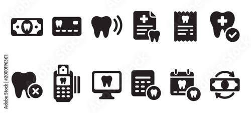 A collection of black and white flat icons representing dental finance, including payment methods, health records, and calendar appointments.