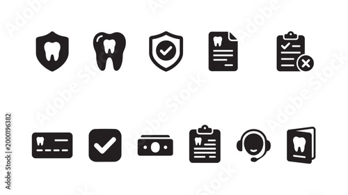 A collection of black and white icons related to dental health, insurance, and financial services, suitable for web design and infographics.