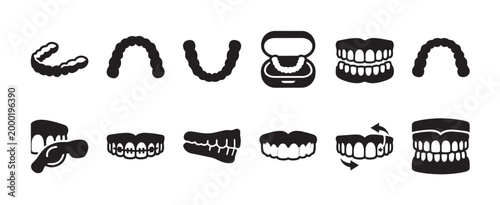 A collection of black and white graphic icons representing various dental concepts including dentures, braces, and tooth anatomy, ideal for medical and hygiene themes.