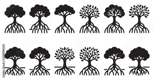 A collection of black silhouette icons featuring trees with visible roots, representing growth, nature, and stability, suitable for various design projects.