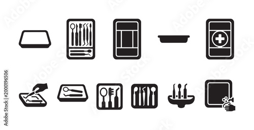 A clean and modern icon set showcasing various dental instruments and procedures, perfect for healthcare and medical graphics.