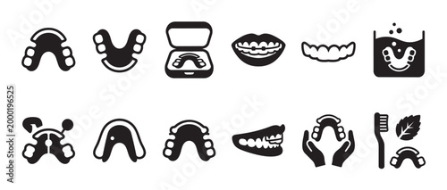 A collection of black and white vector icons related to dental care including dentures, braces, and a toothbrush, suitable for medical and health concepts.