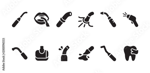 Collection of stylized black icons representing dental instruments, a mouth with a tool, and a tooth, perfect for medical or dental concepts.