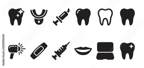 A black and white vector illustration of dental icons depicting teeth, a syringe, a dental mold, and a smile, representing oral hygiene and treatments.