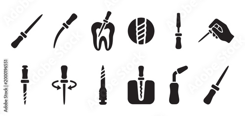 Collection of black and white vector icons representing various dental instruments and procedures, ideal for medical and dental graphics.