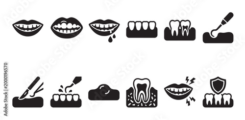 A collection of black and white vector icons illustrating various dental health concepts, including oral hygiene, dental procedures, and common dental problems.