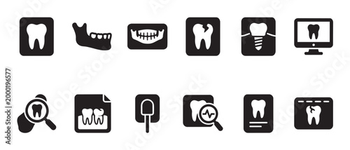 Collection of black and white vector icons representing various aspects of dental care, including X-rays, implants, and dental tools for medical websites.