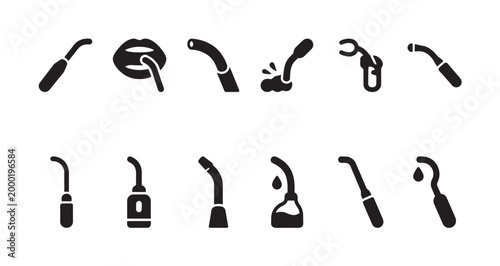 A vector collection of black silhouette icons representing various dental instruments used for examination and treatment, displayed against a white background.