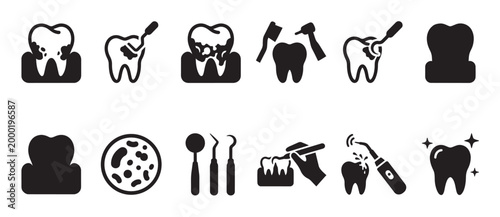 A collection of black and white vector icons illustrating dental health, including teeth with decay, dental tools, and treatment processes for oral hygiene.