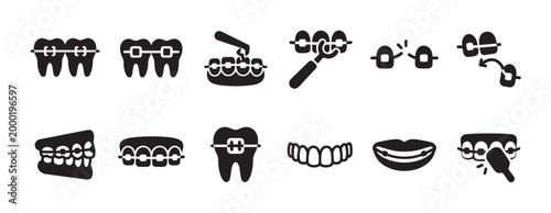 A collection of black and white silhouette icons illustrating various aspects of dental braces, including application, treatment, and results for a healthy smile.
