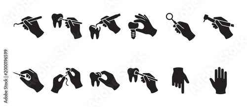 A collection of black silhouette icons depicting hands performing various dental procedures and actions, useful for medical and health concepts.