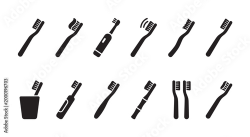 A collection of black vector icons featuring various toothbrushes, including manual and electric, with toothpaste and in a holder, representing dental care.