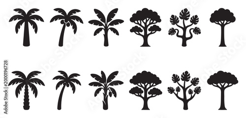 Collection of black silhouettes of various palm trees, including coconut and banana varieties, alongside different types of deciduous and tropical trees.