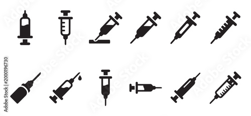 Collection of simple black syringe icons in various poses and configurations on a white background, representing medical procedures and vaccinations.