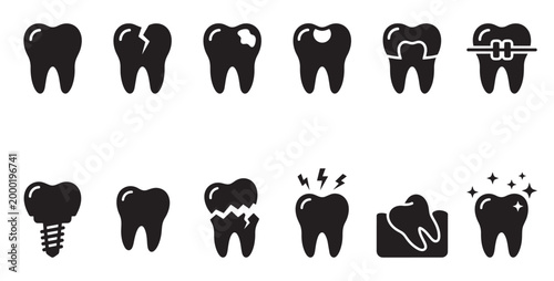 A collection of black silhouette icons depicting various dental issues and treatments, including cavities, braces, and implants, on a white background.