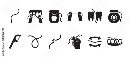 A collection of simple black icons depicting various aspects of dental flossing and oral hygiene, including floss containers, tools, and tooth care.