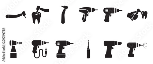 A collection of black silhouette icons representing various dental drills and tools, including those used for tooth repair and cleaning, on a white background.