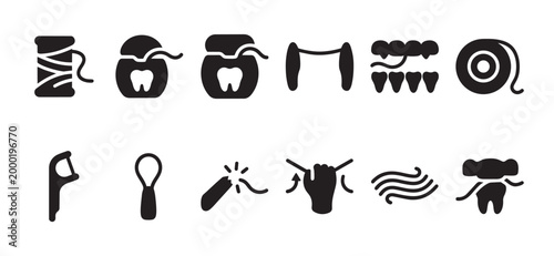 A collection of black graphic icons illustrating various dental flossing tools and concepts, including floss spools, dental picks, and healthy teeth.