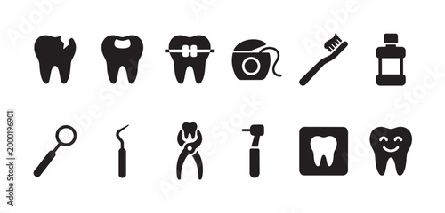 A collection of black and white vector icons representing dental care, oral hygiene, and dentistry tools, ideal for medical and health-related designs.