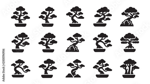 A collection of fifteen black silhouette icons of bonsai trees in various stylized shapes and pots on a white background, perfect for design projects.