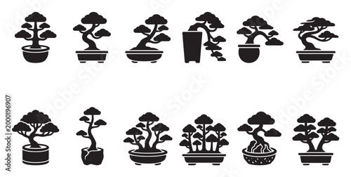 Collection of black silhouette icons representing various styles of potted bonsai trees, ideal for design projects related to nature, gardening, or Japanese culture.