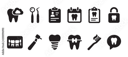 A collection of black icons representing various aspects of dental care, including tools, implants, and oral hygiene for medical or technology themes.