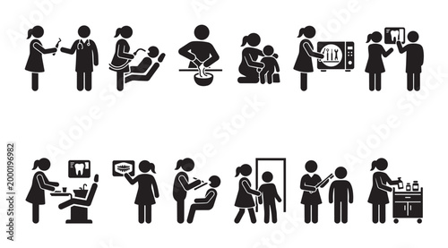 This collection of black and white vector icons depicts various medical and dental professionals in action, showcasing healthcare services and procedures for commercial use.