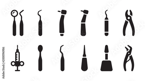 A black and white collection of stylized vector icons representing various dental instruments, including mirrors, probes, drills, and forceps, on a clean white background.