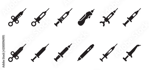 Collection of black silhouette icons featuring various syringe and injection pen designs on a clean white background, perfect for medical and healthcare concepts.
