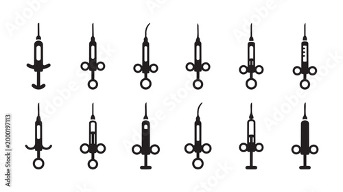 A collection of twelve black silhouette icons depicting various vintage and modern medical syringes against a clean white background, perfect for healthcare and medical themes.