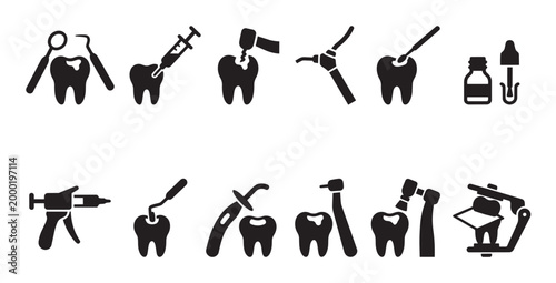 A collection of black silhouette icons depicting various dental tools and tooth procedures, representing dental care, treatment, and instruments.