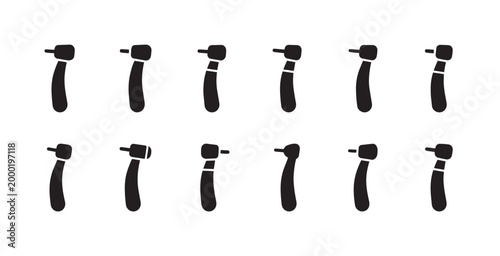 A collection of black silhouette icons of dental handpieces arranged in two rows against a white background, representing dentistry tools.