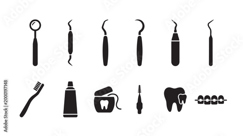 A collection of black graphic icons representing dental instruments and hygiene products against a white background, ideal for medical and health concepts.