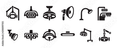 Collection of black silhouette icons representing various medical and surgical lights used in operating rooms and healthcare settings.
