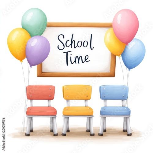 Whimsical classroom scene with colorful chairs and balloons, perfect for school-themed designs and educational posters on a white background, school time