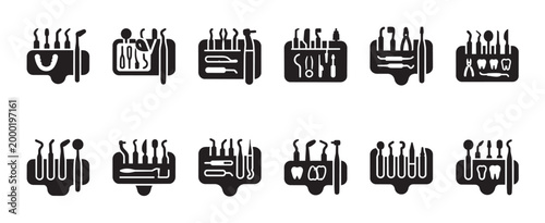 A set of black and white vector icons depicting various dental instruments in holders, representing dental care and oral hygiene.
