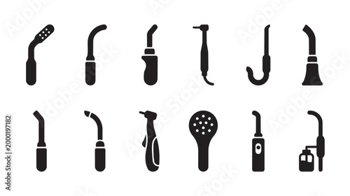 A collection of black silhouette icons depicting various dental instruments, including drills, probes, and polishers, presented on a clean white background for easy integration into designs.