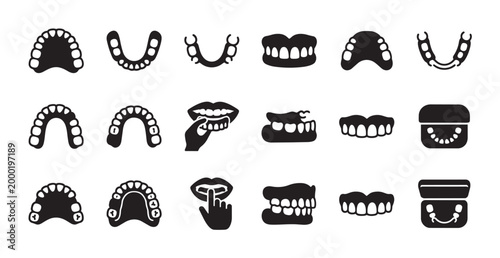 A collection of black and white icons depicting various dental prosthetics, including dentures, partials, and dental implants, presented on a clean white background.