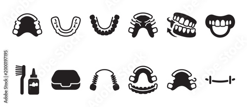 A collection of black and white icons representing various dental prostheses, care items, and oral appliances for dental concept use.