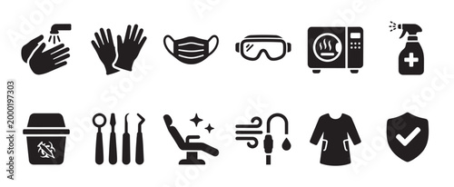 A collection of black medical and safety icons on a white background, including hand washing, gloves, masks, and dental tools, useful for healthcare and hygiene concepts.