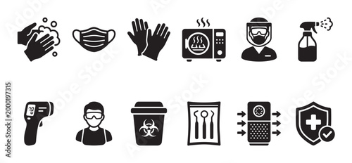 A set of black and white icons representing hygiene, safety, and health protection measures including hand washing, masks, and sanitization.