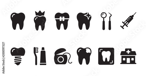 A collection of black vector icons representing various aspects of dental care, including healthy teeth, braces, implants, tools, and a clinic.