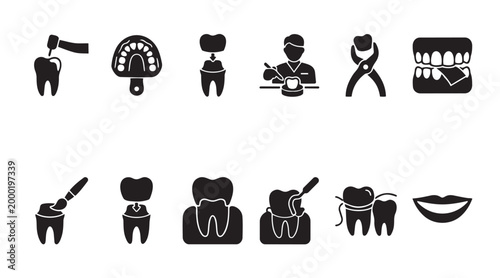 This collection of black icons depicts various dental procedures and tools, representing oral health, dentistry, and dental care concepts.