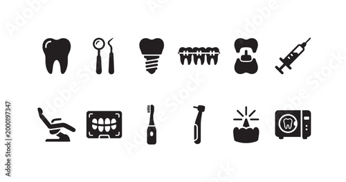 A collection of black vector icons representing various aspects of dental care, including teeth, instruments, and equipment, suitable for medical and health-related designs.