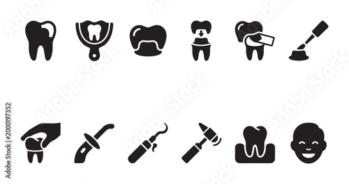 A collection of black and white vector icons depicting various dental procedures, tools, and a happy patient, ideal for medical or health-related websites.